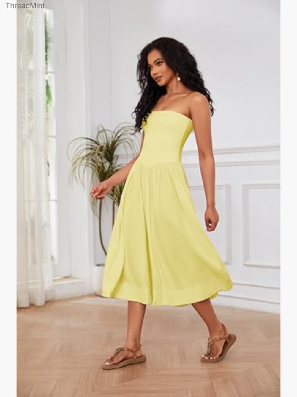 Off Shoulder Midi Dress Strapless Sleeveless Drop Waist A Line Tube - Picture 3 of 6